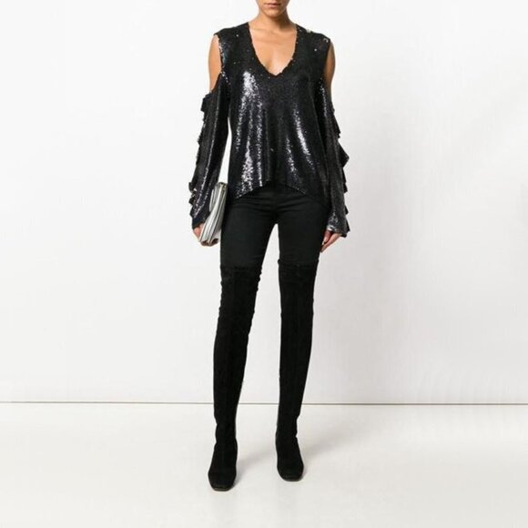 EUC IRO black & silver double faced sequin cold shoulder ruffle sleeve top - Picture 5 of 16